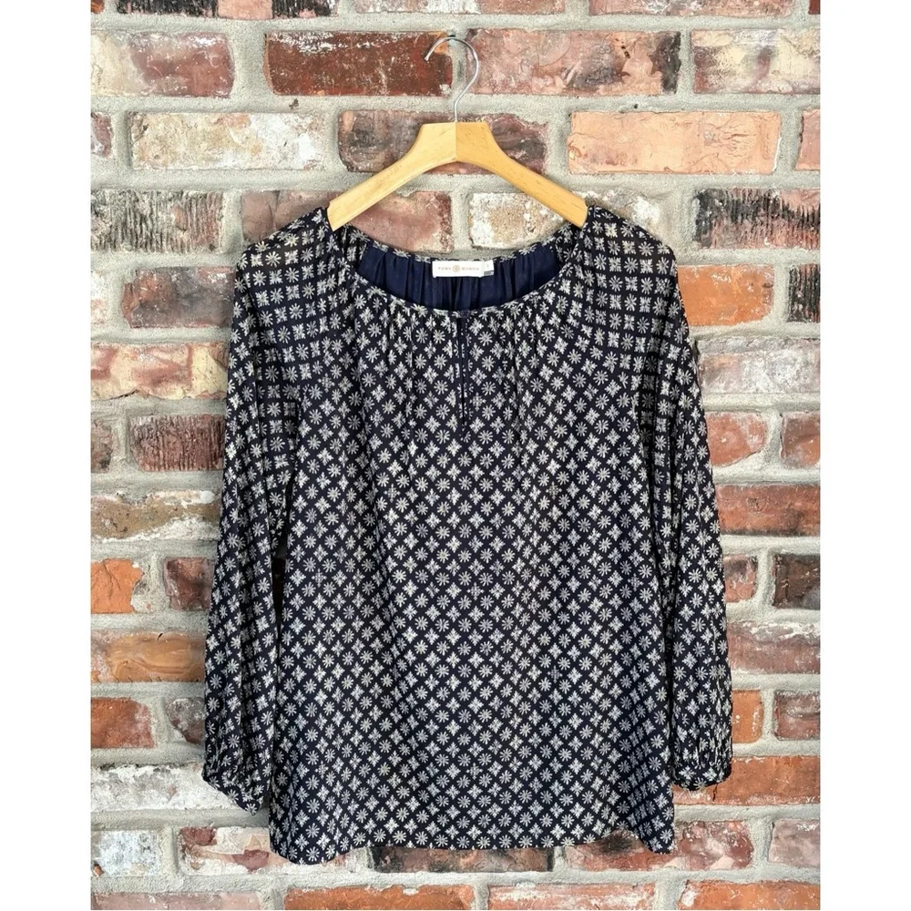 Tory Burch Navy Blue Silk Printed Long Sleeve Blouse Top, 8